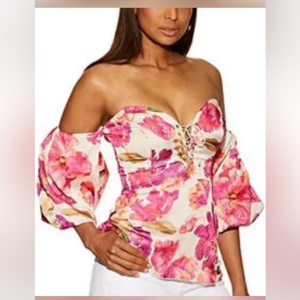 Alexis Adamore Corset Top NWT Size 10 Floral Puff Sleeve Lace Up Bustier